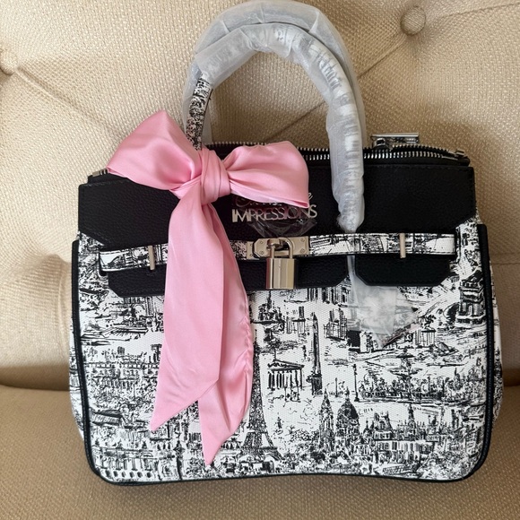 COSE Belle Impressions Black and White Women's Satchel Bag with Pink Accent Bow. - Picture 1 of 6